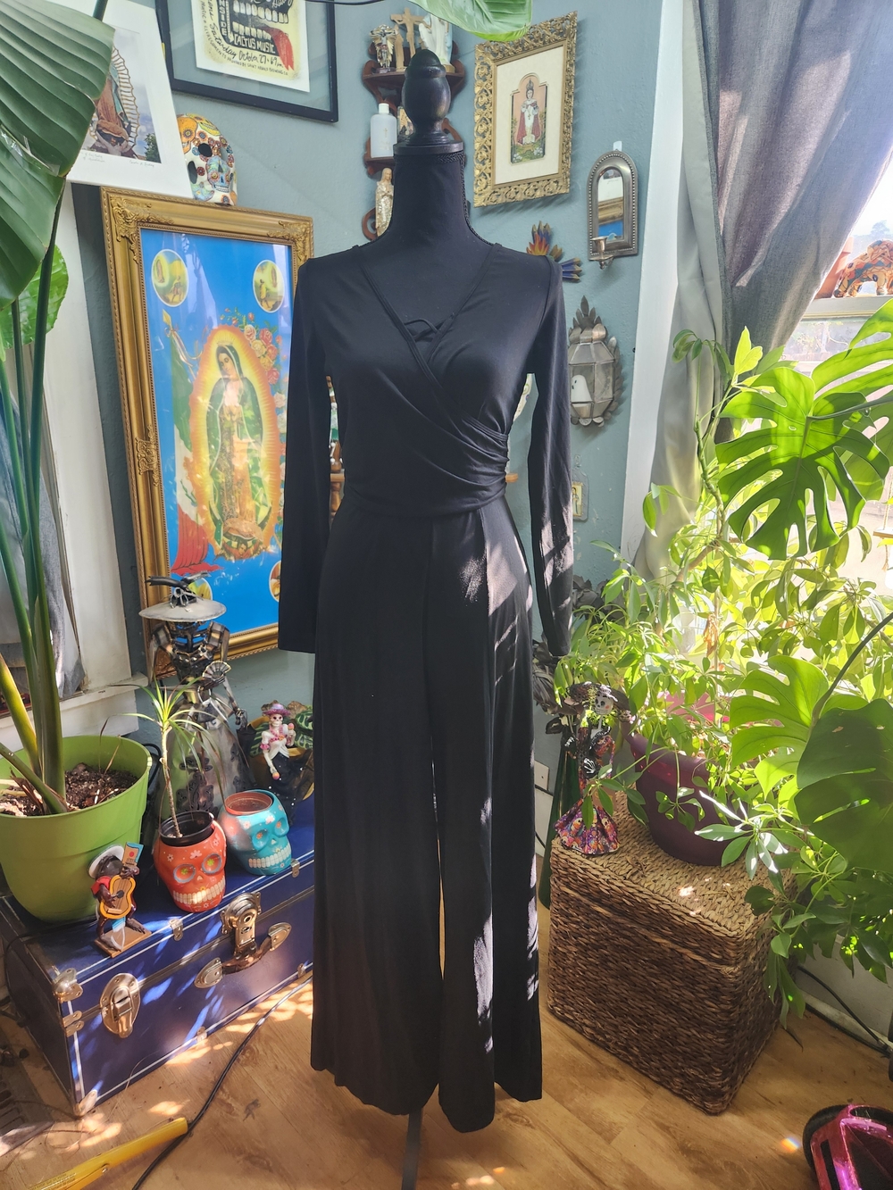 HALARA Black Wrap-Front Long-Sleeve Wide-Leg Jumpsuit